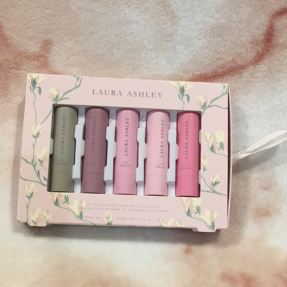 Laura Ashley Lip Polish & Lip Balm Collection 1 lip scrub 4 hydrating balms NWT - Picture 15 of 15
